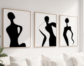 Black White Wall Art Set 3, Woman Silhouette Prints Minimalist Abstract Printable Posters Gallery Wall, Scandinavian Decor Digital Download