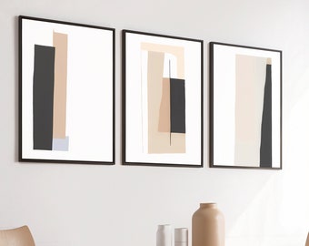 Minimalist Abstract Geometric, 3 Piece Wall Art Printable, Black Beige Painting Neutral Prints, Stripe Art Gallery Wall, Digital Download