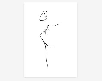May include: Line art drawing of a person's face looking up at a butterfly. The drawing is in black and white.