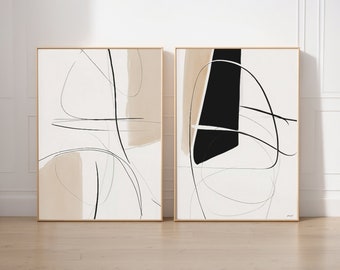 Neutral Abstract Art Set of 2 Oil Painting Print, Minimalist Line Drawing, Black Beige Abstract Printable, Brush Strokes Print, Modern Decor