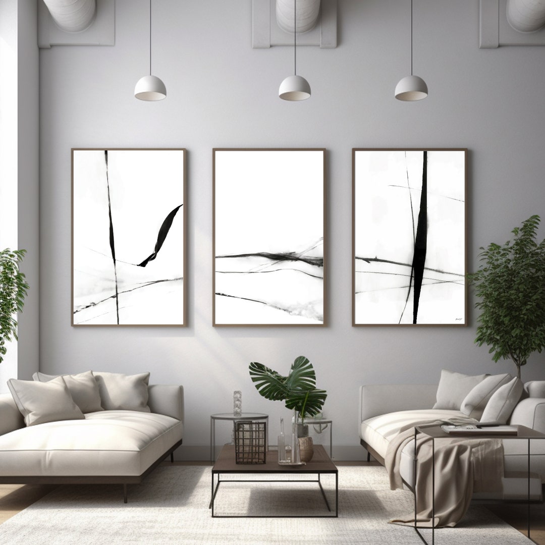 Black and White Abstract Art Set of 3 Prints Brush Strokes Etsy