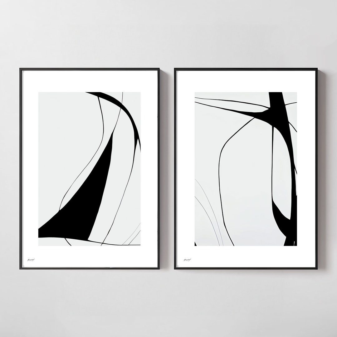 Black and White Line Art Print Set of 2 Abstract Brush Stroke Painting ...