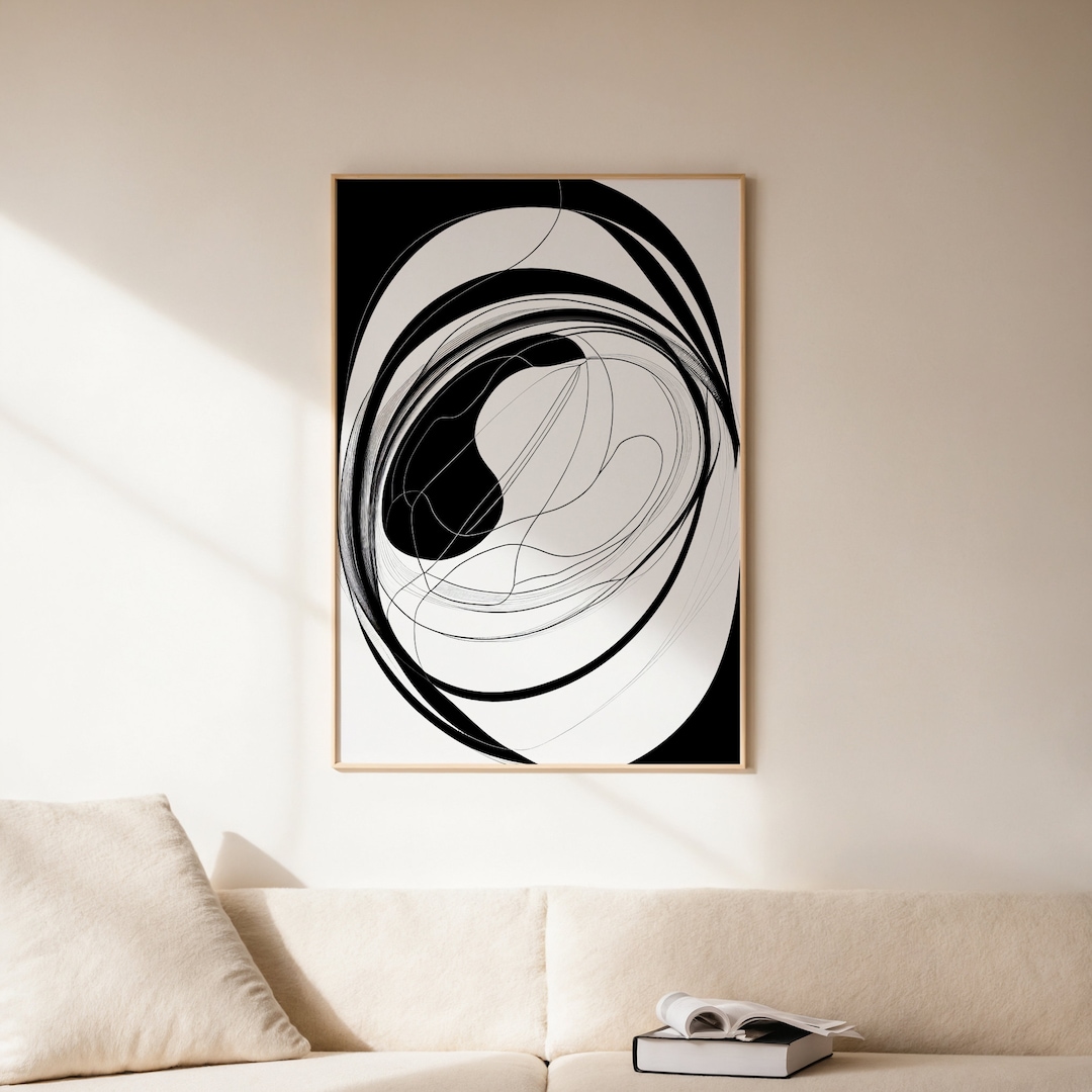 Black Abstract Painting Circle Printable Wall Art, Minimalist Line ...