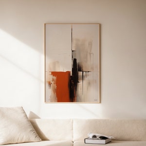Impresión de pintura al óleo abstracta de arte naranja quemado, arte de pared imprimible de moda neutral, cartel de pinceladas negras beige modernas, descarga digital