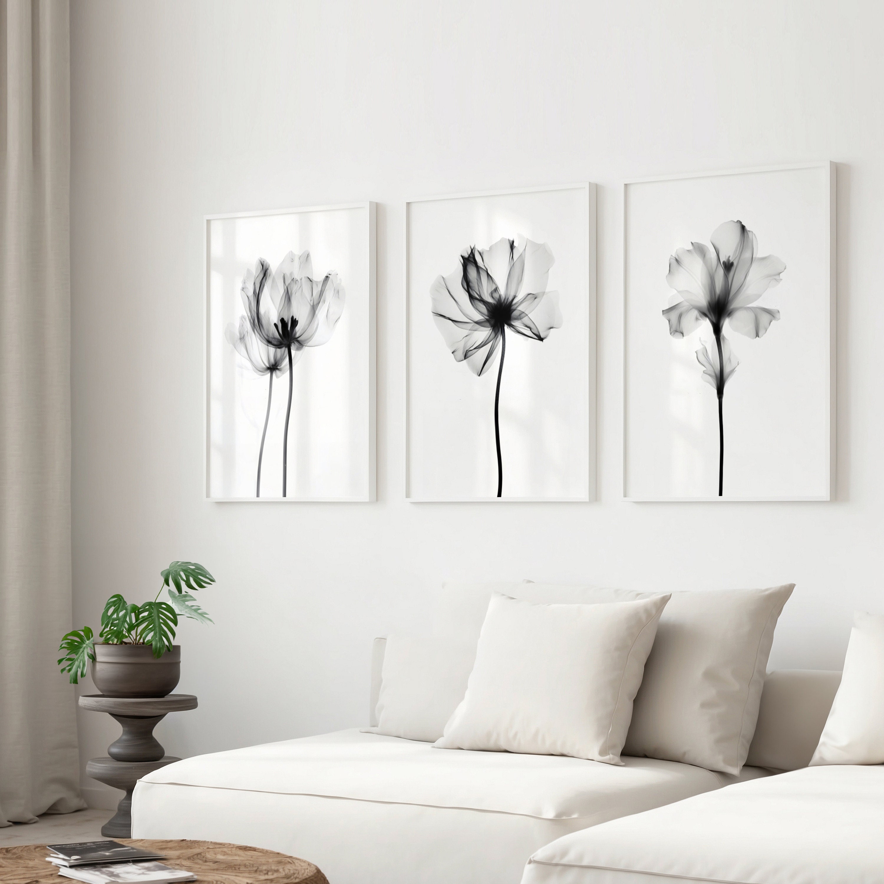 Floral Art Set of 3, Black & White Botanical Prints (digital Download ...
