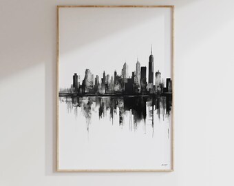 New York City Abstract Painting in Black and White, Minimalist Brush Stroke Art Print, NYC Skyline Poster, Digital Download