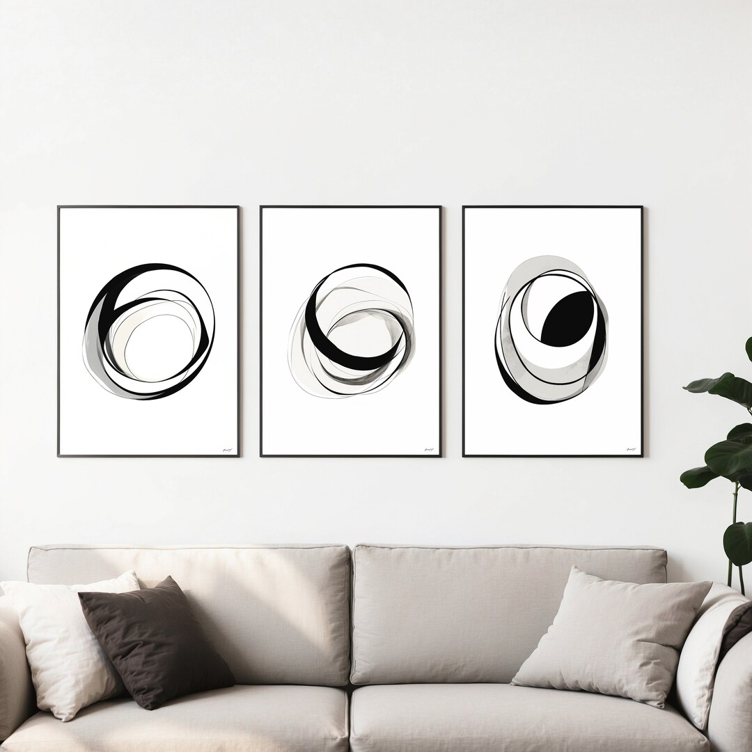 Black White Abstract Art Set of 3 Prints, Minimalist Circle Line
