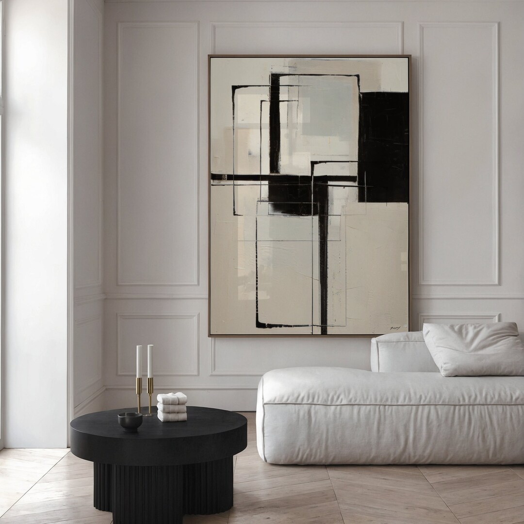Black Beige Abstract Painting Neutral Trendy Wall Art Minimalist ...