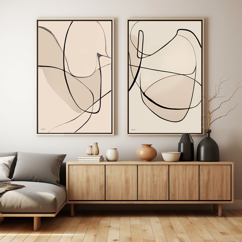 Abstract Line Art Gallery Wall Set of 2, Black Beige Wall Art Neutral
