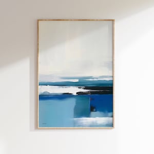 Pintura abstrata azul e branca oceano arte de parede para impressão arte costeira minimalista, impressão de pincelada, pôster de paisagem marítima download digital