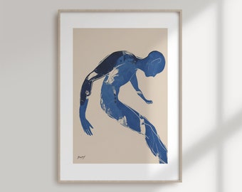 Abstract Figure Art Print, Line Drawing Minimalist Illustration, Blue Beige Wall Art Simple Poster, Nordic Decor