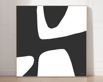 Puede incluir: Impresión de arte abstracto en blanco y negro con un diseño geométrico. La impresión presenta una gran forma abstracta en negro sobre un fondo blanco.