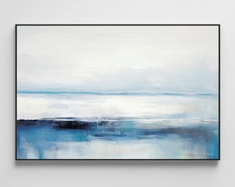 Abstract Ocean Painting Minimalist Print, Seascape Wall Art in White and Blue, Horizontal Brush Strokes Poster for Modern Decor