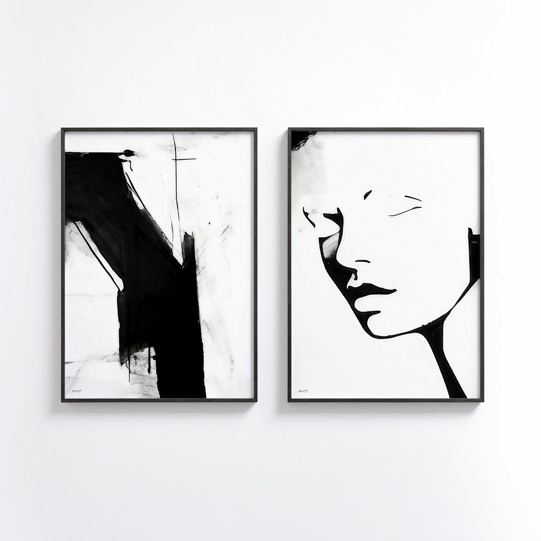 Black and White Abstract Brush Stroke Art Print Set of 2, Minimalist ...
