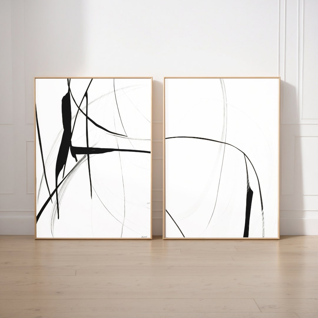 Abstract Line Drawing Print Set of 2, Black White Art Printable