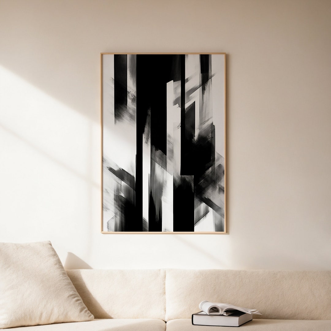 Abstract Brush Strokes Art Print: Black and White Painting (digital ...