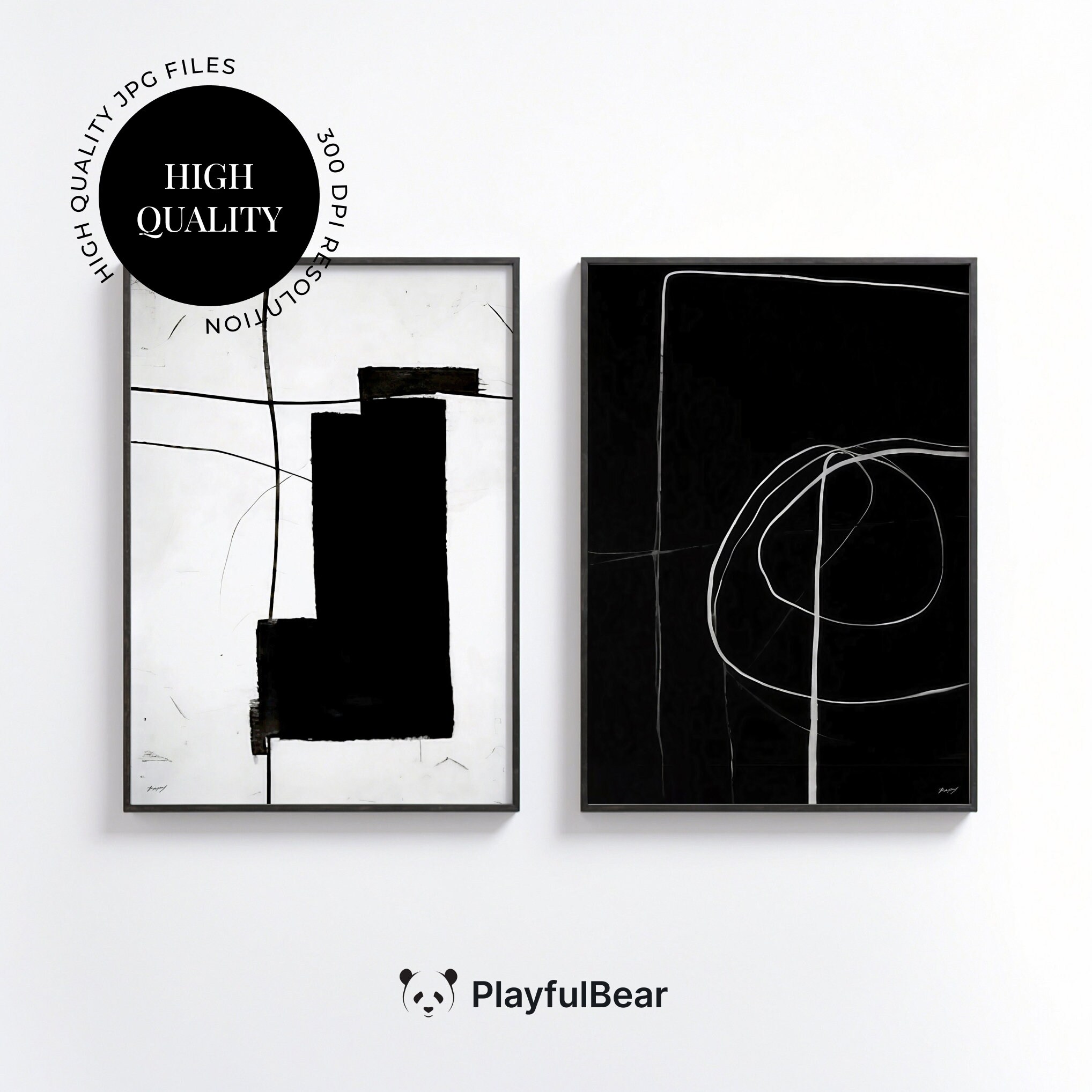 Black & White Abstract Art Print Set | Modern Brush Strokes (digital ...