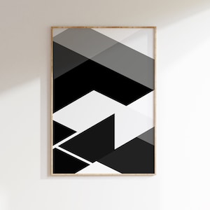 May include: Abstract geometric art print with black, white, and gray shapes in a framed design.
