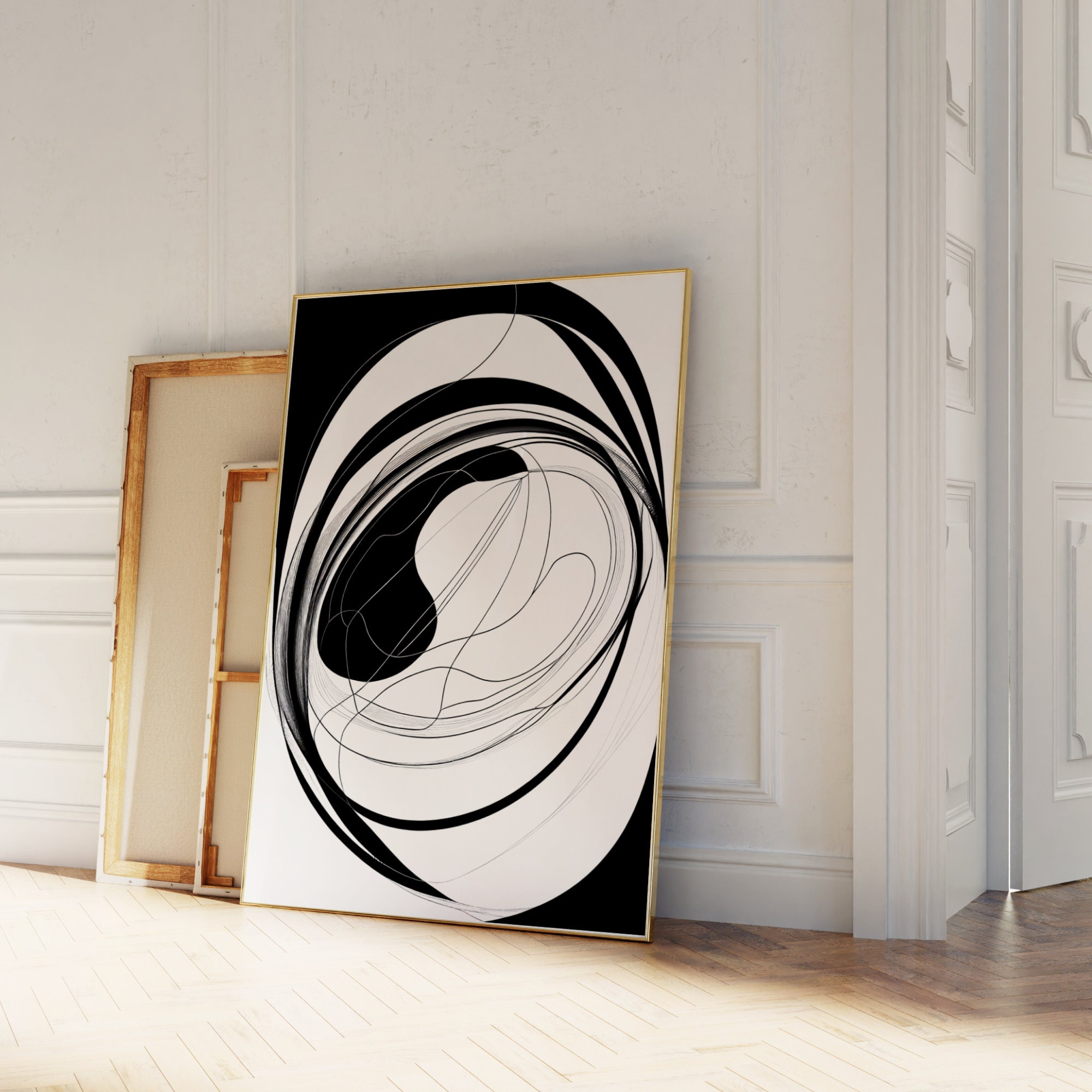 Black Abstract Painting Circle Printable Wall Art, Minimalist Line ...