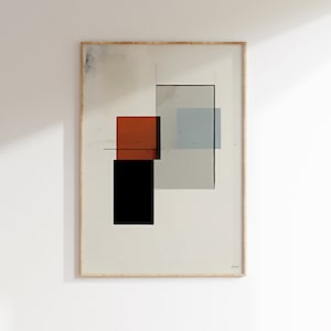 May include: Abstract art print with geometric shapes in black, white, gray, and orange. The print is framed in a light wood frame.