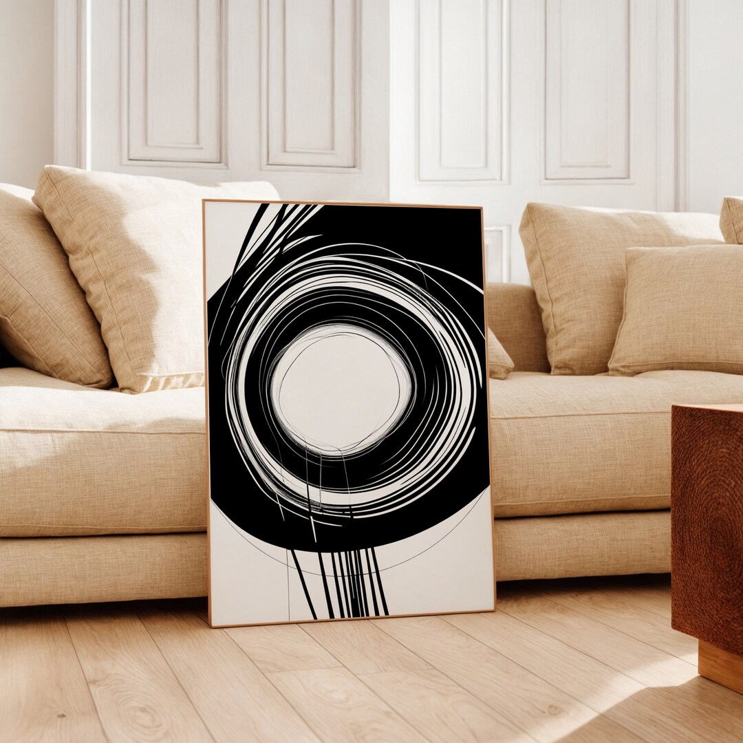 Black White Abstract Circle Printable Wall Art, Minimalist Brush ...