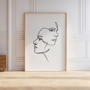 Könnte beinhalten: Linienkunst-Druck von zwei Gesichtern, eines hinter dem anderen, in Schwarz auf weißem Hintergrund.