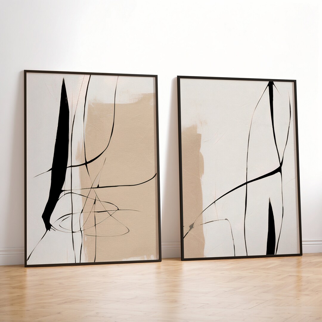Minimalist Abstract Painting Set of 2 Prints, Black Beige Wall Art ...