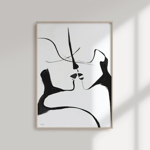 Arte de parede abstrata de pessoas em preto e branco, casal, linhas, pintura minimalista para impressão, impressão de desenho a tinta, pôster simples para download digital.