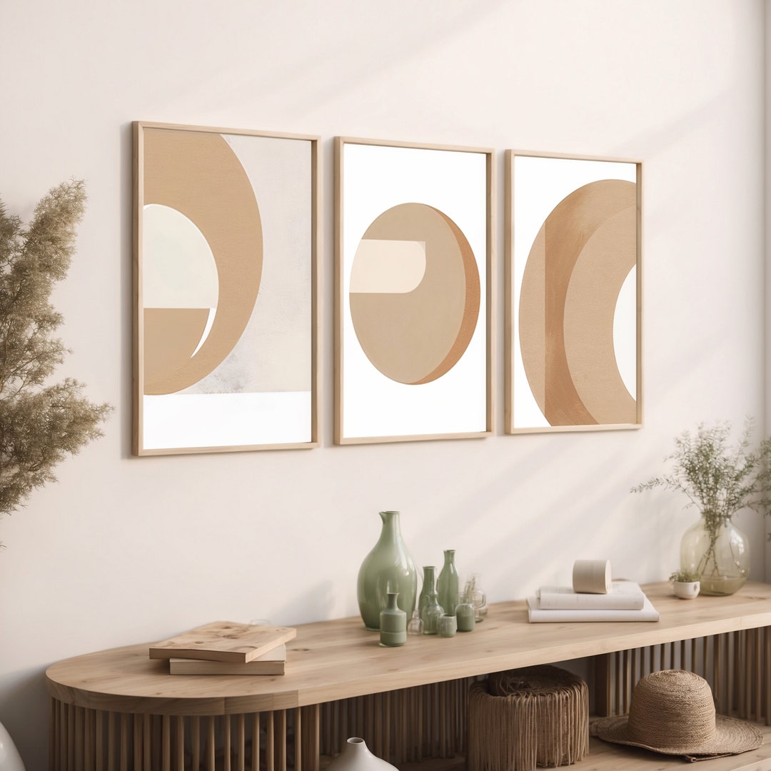 Boho Wall Art Set of 3 Abstract Circle Printable Wall Art, White Beige ...