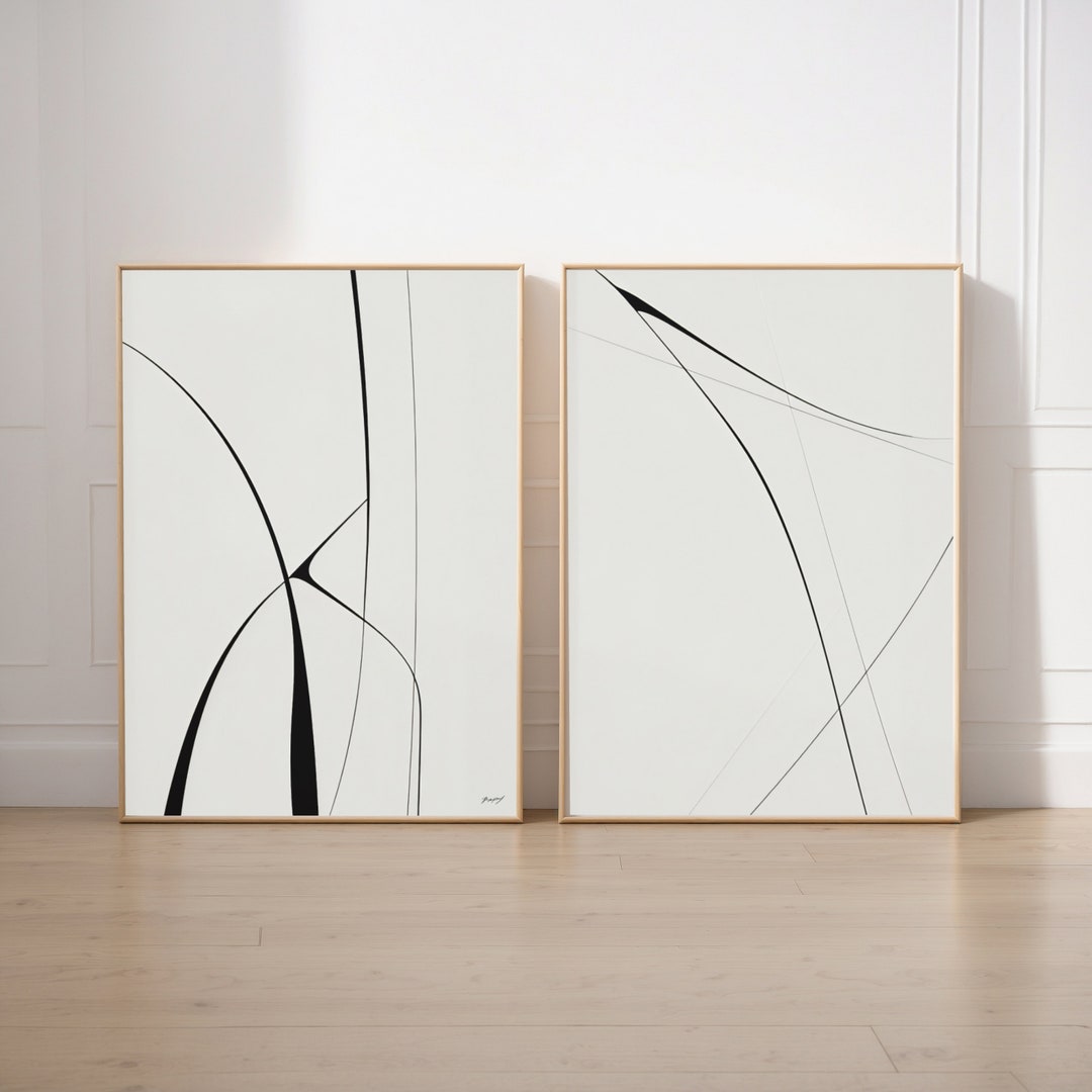 Abstract Print Set of 2, Line Drawing Art, Black Beige Wall Art Printable, Minimalist Poster Set