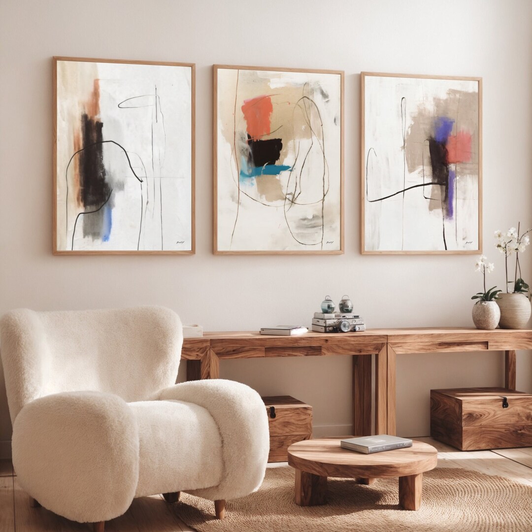 Abstract Oil Painting, 3 Piece Wall Art Set, Black Beige Blue, Brush ...
