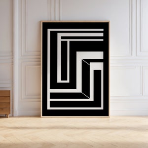 Abstract Geometric Stripes Painting, Black and White Wall Art Trendy, Minimalist Line Art Printable, Midcentury Modern, Digital Download