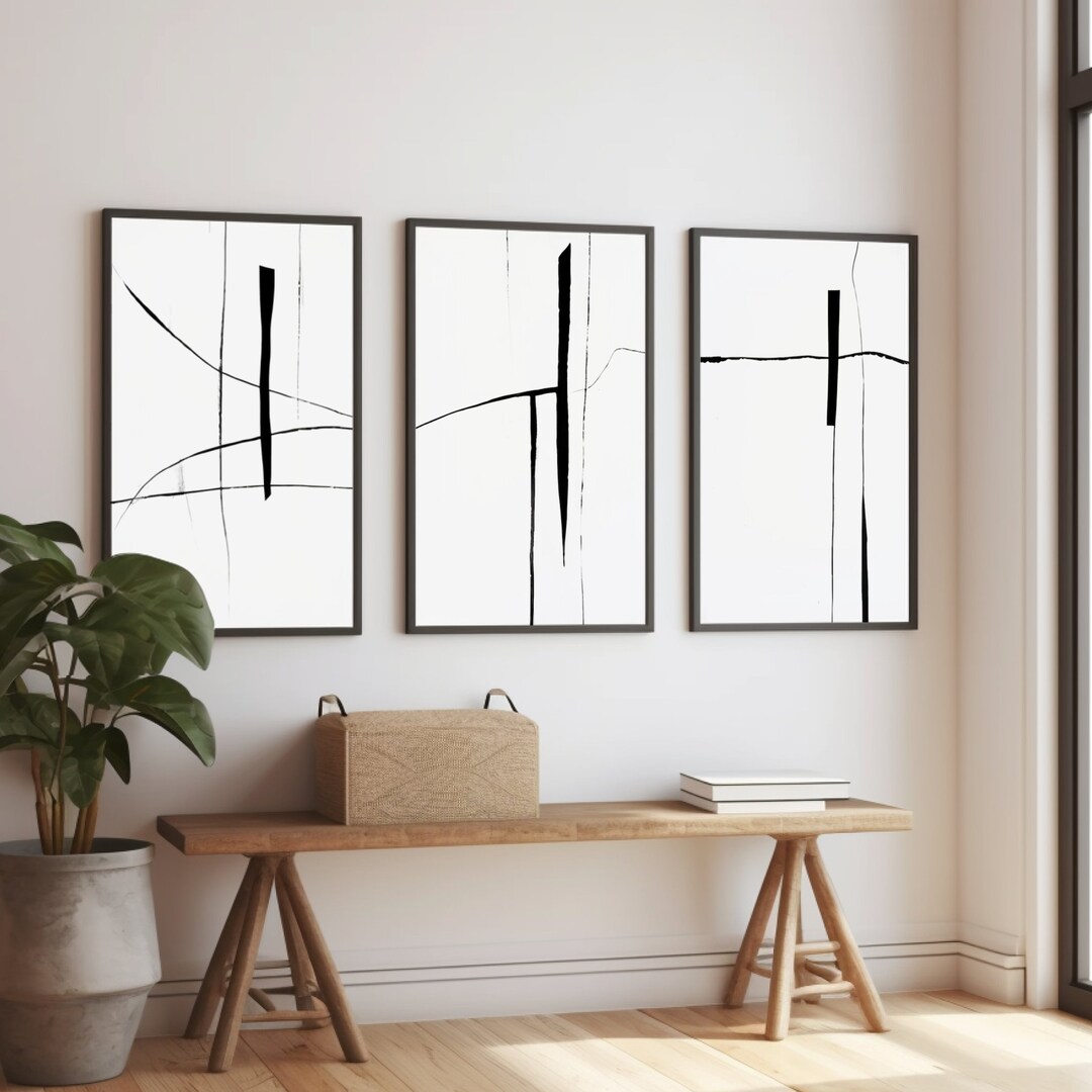 Black and White Abstract Art Set of 3 Brush Strokes Art Etsy