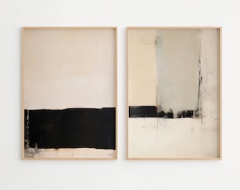 Abstract Art Print Set of 2, Black Beige Minimalist Wall Art, Brush Strokes Painting, Modern Decor, Digital Download