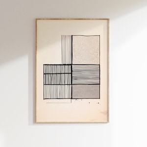抽象的な幾何学模様、印刷可能な壁アート、黒と白のビンテージプリント、ミニマリストの線画、スカンジナビアの装飾、デジタルダウンロード