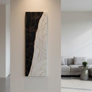Relief wall art – black and white relief painting, gold leaf – unique vertical design 90*30 cm