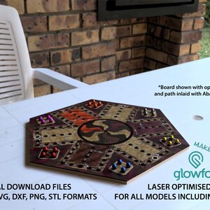 May include: A hexagonal wooden game board with a swirling design in the center. The board has a dark wood stain with a light wood inlay. The board is surrounded by a ring of holes with small colored pegs in them. The text "MAKE IT WITH glowforge" is in the lower right corner of the image. The text "LASER OPTIMISED DESIGN FOR ALL MODELS INCLUDING AURA" is below the glowforge logo. The text "*Board shown with optional text and path inlaid with Abalone shell" is in the upper right corner of the image.