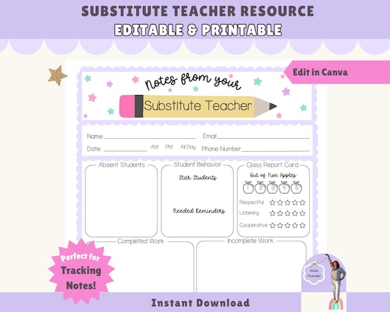 Substitute Teacher Report, Printable Note for Teachers, Substitute Teaching Resources, Classroom Decor