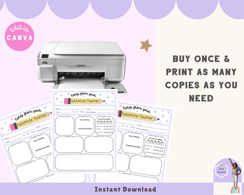 Substitute Teacher Report, Printable Note for Teachers, Substitute Teaching Resources, Classroom Decor