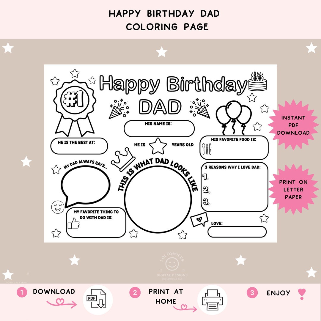 Happy Birthday Dad Coloring Page Printable All About Dad Fill - Etsy