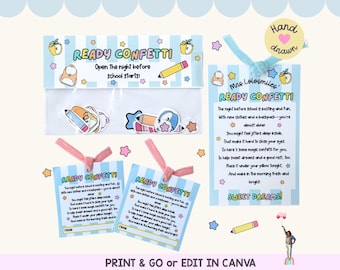 Kit de artesanato com etiquetas "Ready Confetti", presente de volta às aulas para crianças, ideia para o primeiro dia de aula, arquivo editável para impressão (PDF e Canva)
