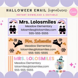 Puede incluir: Tres plantillas de firma de correo electrónico de Halloween con un esquema de color morado, naranja y rosa. La primera plantilla presenta una casa en blanco y negro con un sombrero de bruja, la segunda plantilla presenta un gato negro y la tercera plantilla presenta una bruja con un sombrero morado.