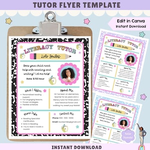 May include: A clipboard with a literacy tutor flyer template. The flyer has a pink and yellow design with the text "Literacy Tutor" and "Lolo Smiles." It offers reading and writing help, with a rate of $50 per hour. The flyer includes contact information.