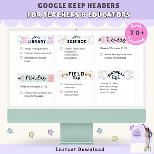 Intestazioni Google Keep color pastello: Organizzazione degli insegnanti, Tracker attività digitale (74 PNG) (download digitale)