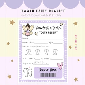 Lettre imprimable de la fée des dents pour les enfants, reçu souvenir personnalisé de la fée des dents, bulletin scolaire violet, carte première dent