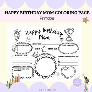 Happy Birthday Mom Malseite, Happy Birthday Mom Tischset Aktivitätsblatt, Alles über Mom Fill-in-Blank, Happy Birthday Mom Karte von Kid