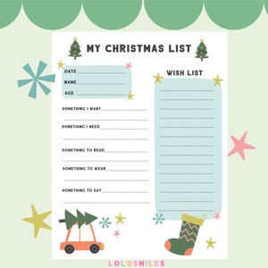 Lista de deseos navideños imprimible para niños, plantilla de carta a Papá Noel, planificador de regalos divertido para padres, lista de vacaciones de descarga instantánea