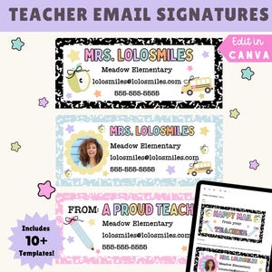 Può includere: Prodotto digitale con modelli di firme e-mail per insegnanti. I design includono grafiche colorate di mele, autobus scolastici e stelle. Il testo include la frase "Teacher Email Signatures" e "Edit in Canva".
