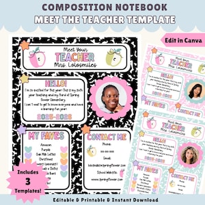 Puede incluir: Una plantilla para profesores con temática de cuaderno de composición con el texto "Meet the Teacher". El diseño incluye gráficos de manzanas, un marco de fotos y el texto "Hello!" y "My Faves". La plantilla es editable e imprimible, con tres plantillas incluidas.
