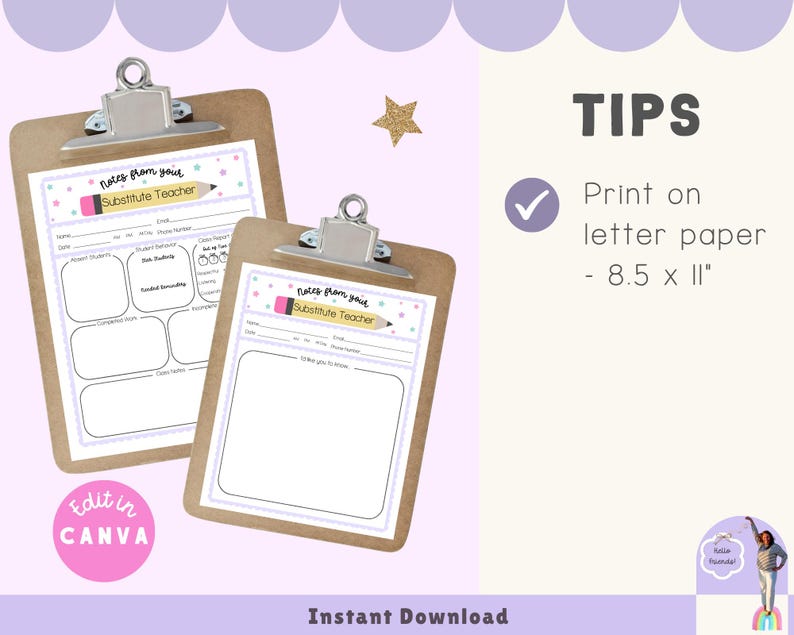 Substitute Teacher Report, Printable Note for Teachers, Substitute Teaching Resources, Classroom Decor